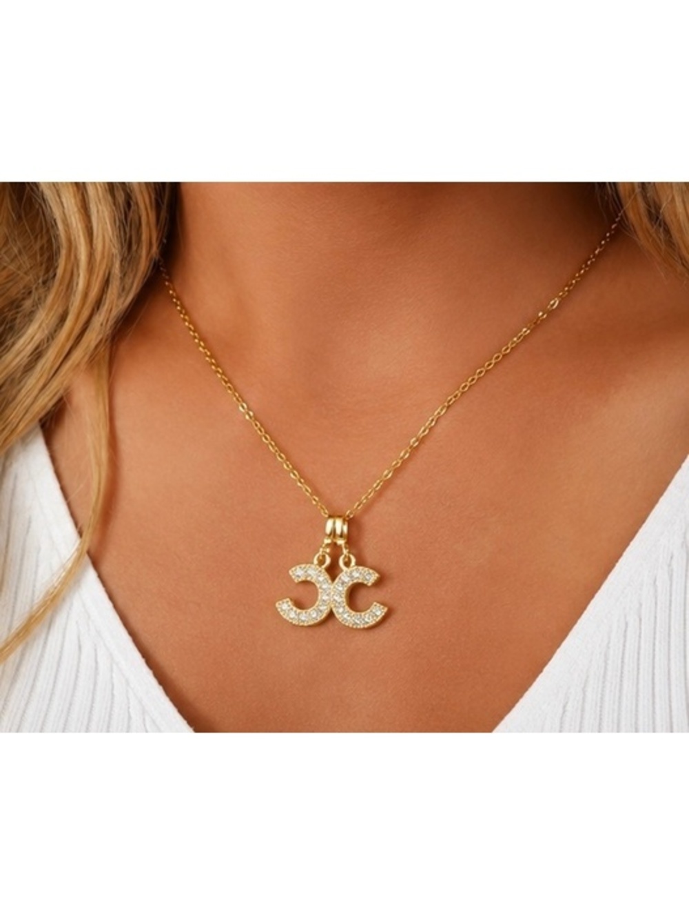 Gold Double CC Crystal Pendant Necklace 18” Chain